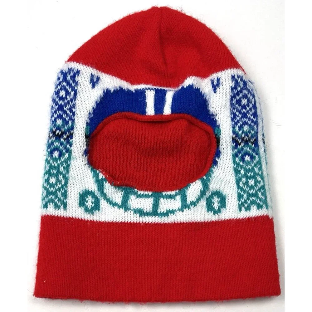 VTG 80s Mens Red Knit Football Helmet Face 1 Hole SKI MASK Balaclava Winter Cap